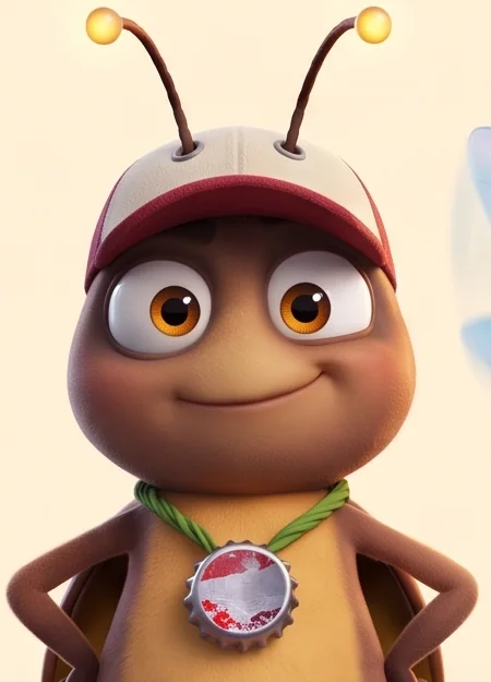 Lulu-Light in his red-and-cream cap, green scarf, and bottle-cap medal.