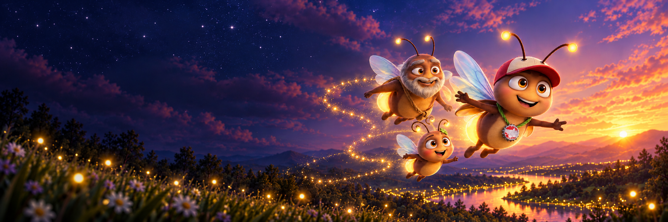 Lulu, Papa Flare, and Elio fly together above a river of golden light at twilight.